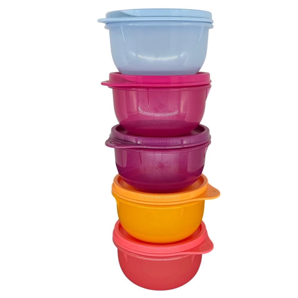 New Tupperware Ideal Lit'l Snack Bowls Set of 5 Snack Cup Lids Multi Color Small